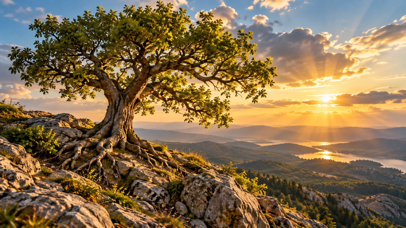 Strong tree with exposed roots growing among rocks above a sunlit valley, symbolizing faith, perseverance, and spiritual growth.